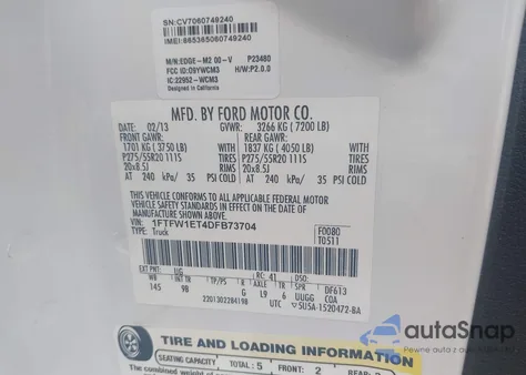 2013 Ford F-150 Platinum from USA, damaged, VIN 1FTFW1ET4DFB73704